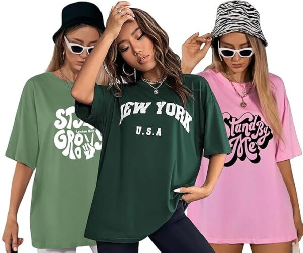 London Hills Women Printed Round Neck Oversized T-Shirt | Loose Fit Drop Shoulder T-Shirt Pack of 3