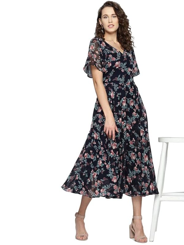 Rare Women's Georgette Fit and Flare Midi Casual Dress (EP6006_Navy Blue_Small)